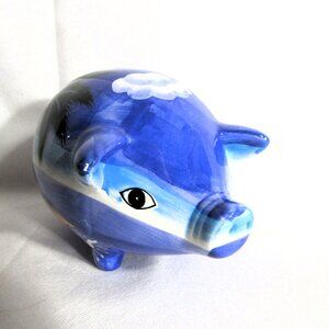 FOLK ART PAINTED PIGGY BANK WHITE CLAY CERAMIC 9"